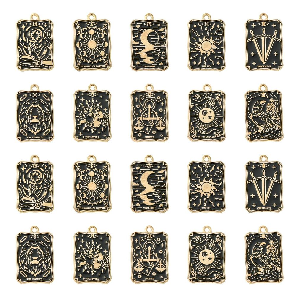 8333 20 Pcs 10 Styles Black Alloy Enamel Charms Light Gold Vintage Tarot